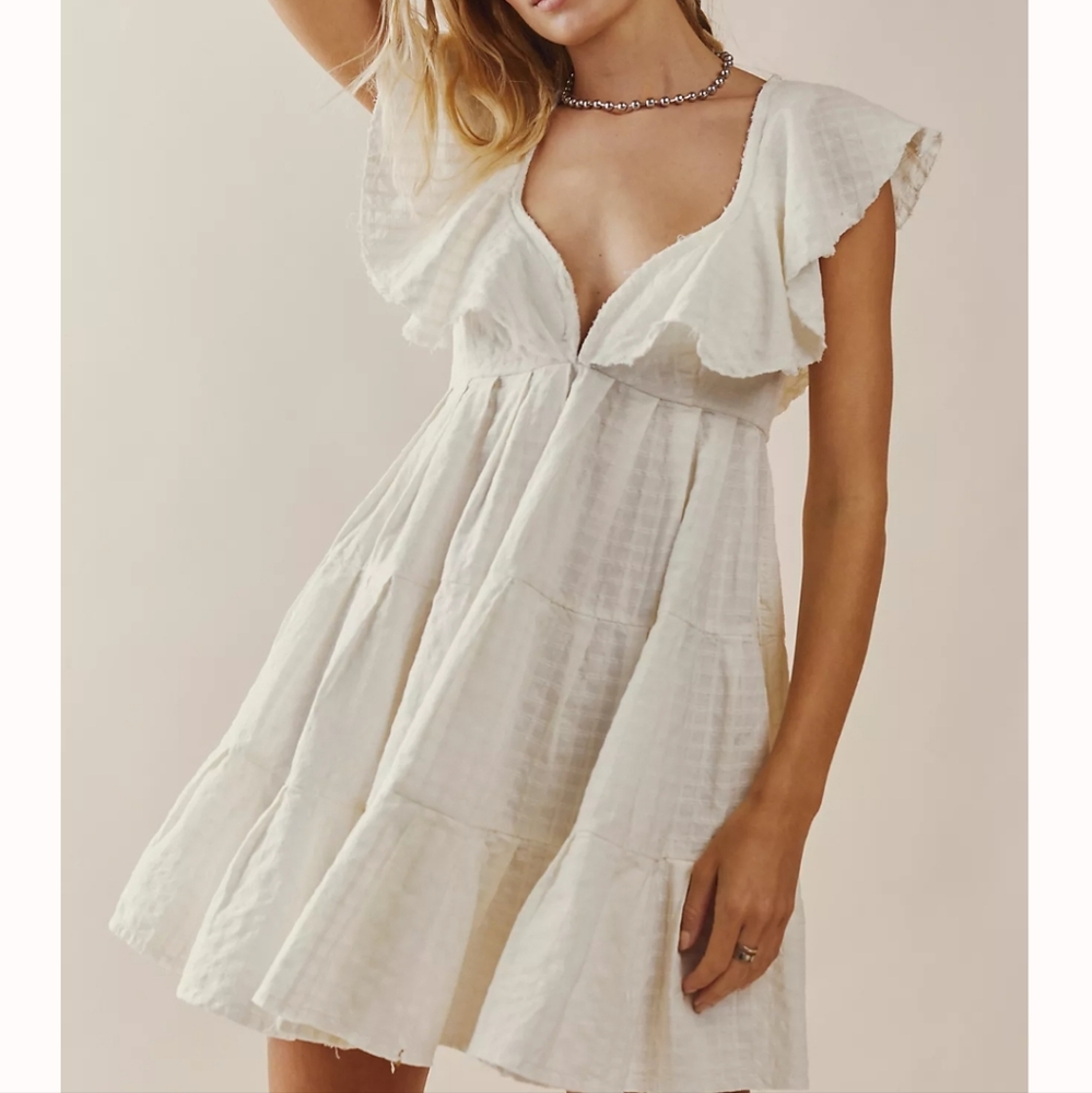 Free People White Ruffled Babydoll V-Neck Mini Dress